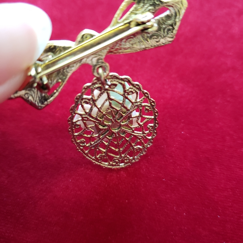 Victorian Style Pink Porcelain Rose Filigree Dangle Pin - Picture 8 of 9